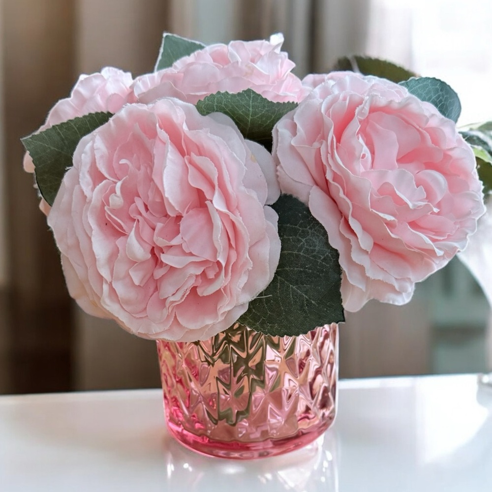 Pink Faux Peonies in Quality Pink Glass Vase